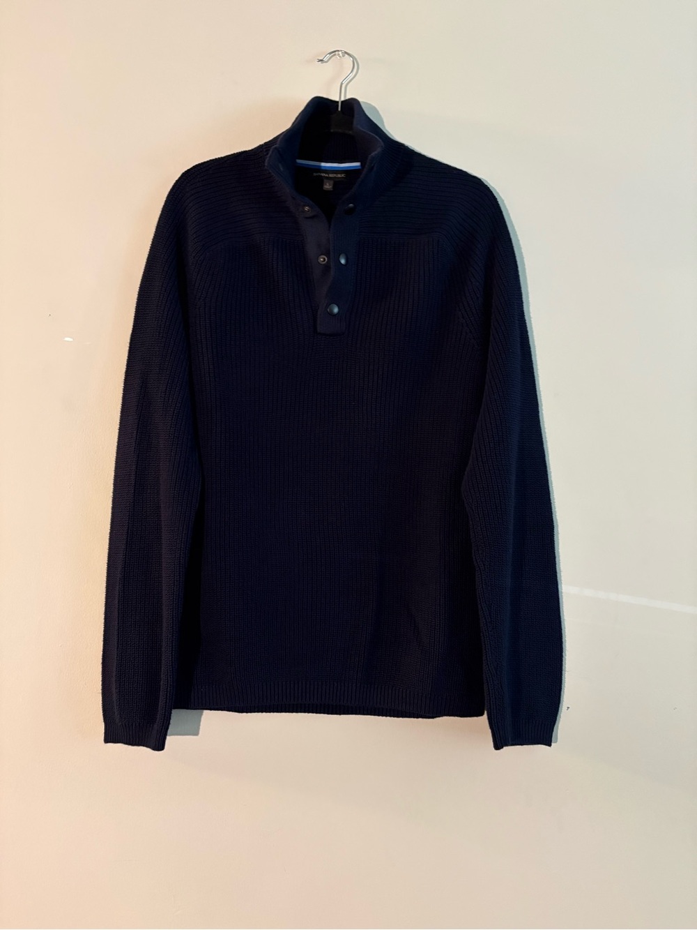 Banana Republic Men's Navy Button-Neck Knit Sweater, Fall Fashion, Cotton Knit